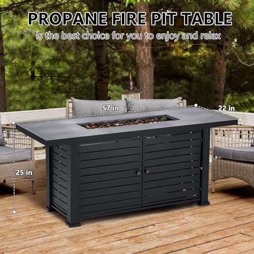 Propane Fire Pit Table 57 x 22 Inch, 50000BTU Rectangle Fire Table with Cover & Rain Cover, Sturdy Steel and Iron Fence Surface, CSA Safety Certified, Companion for Your Garden