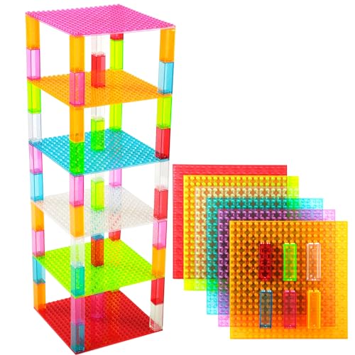 Premium Clear 6 Color Stackable Base Plates - 6 Pack 15cm X 15cm Baseplate Bundle with 60 2x2 Stackers - Tower Construction - Compatible with LEGO Blocks, Compatible with LEGO Base Plates