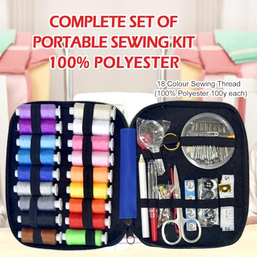 Image of Sewing Kit with Case Portable Sewing Supplies for Home Traveler, Adults, Beginner, Emergency, Contains 18 Sewing Thread, Scissors, Needles, Measure etc,Very Dark Royal Blue