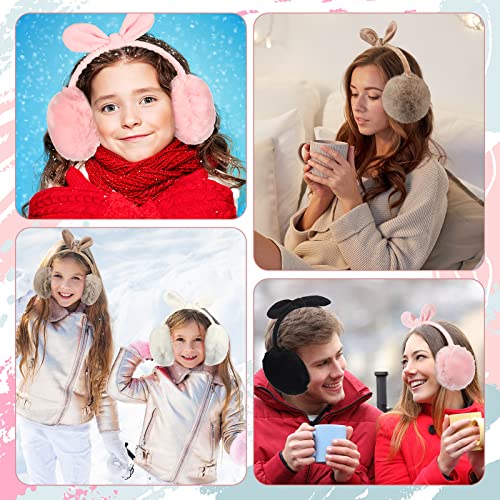 Jagely 4 Pieces Winter Ear Muffs Cute Bow Faux Fur Ear Warmers Ski Adjustable Ear Covers Outdoor Faux Fur Ear Warmers For Women Girls, Elegant Color/ Khaki, Black, White, Pink, One Size #TOP6
