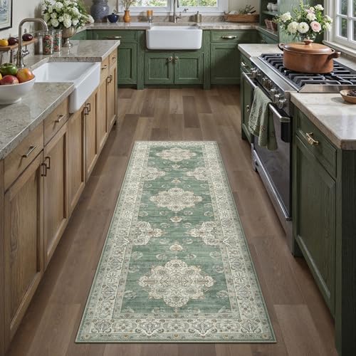 2x6 Green Vintage Washable Non-Slip Runner Rug Floral Traditional Distress Print Runner Rug for Hallway Long Low Pile Soft Indoor Carpet for Kitchen L