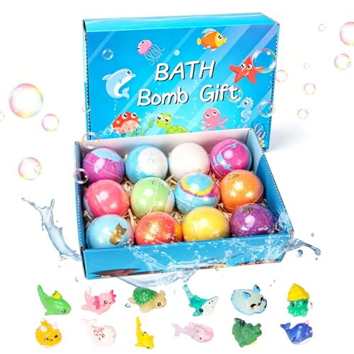 Playfizz Bath Bombs for Women 12 PCS Handmade Bubble Bathbombs with Toys Inside Shea & Coco Butter Dry Skin Moisturize Perfect for Bubble Spa Bath Bath Bomb Gift for Women Girls Wife