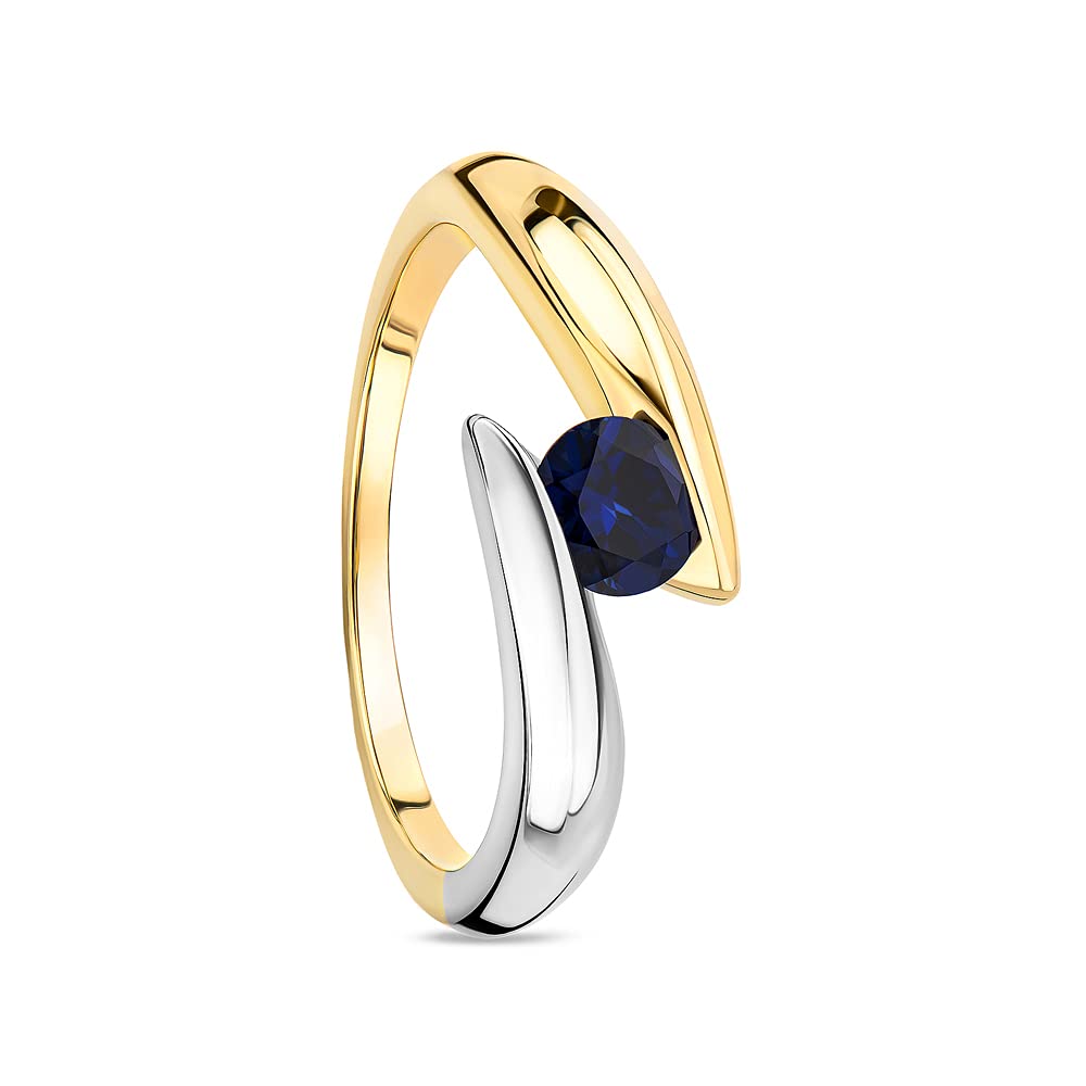 Orovi Anillo bicolor de oro de 9 quilates (375) para mujer, oro blanco y oro amarillo con piedras preciosas/piedra natal de septiembre zafiro azul anillo de compromiso