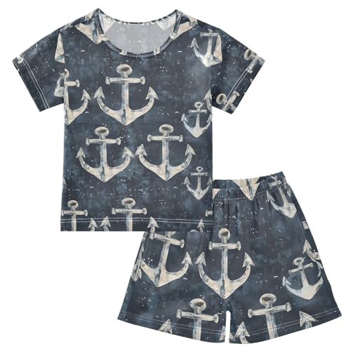 ALAZA Art Painting Anchor Pajamas Set Short Sleeve Cotton Sleepwear Summer Pjs 2 Piece 5-14Y