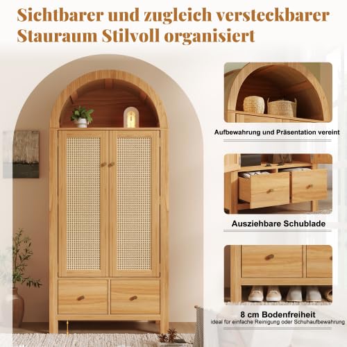Merax Armadio in stile rustico in rovere 181 x 78 x 45 cm, armadio vintage in legno con rattan, 2 ante e 2 cassetti, ripiano semicircolare aperto, asta appendiabiti