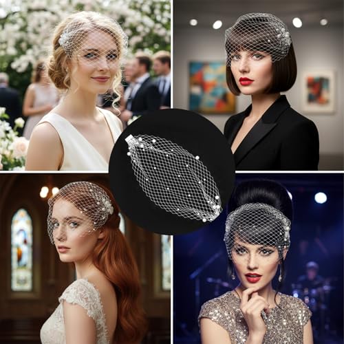 Pearl Birdcage Veil 14.5x8.3inches White Mesh Veil Headpiece with Pearl Bridal Veils Fascinator with Hair Comb 1920s Flapper Fascinator Mesh Veils for Tea Party Christmas Valentine\'s Day Accessories