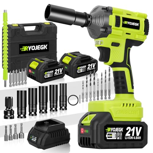 RYOJEGK 443Ft-lbs Compact Cordless Impact Wrench Set,600N.m Brushless Impact Gun 1/2 Drive 3-Speed Reversible With 2Ã—4.0Ah Battery & Fast Chargerï¼ŒLlave De Impacto Inalambrico For Car Lug Nuts & Home