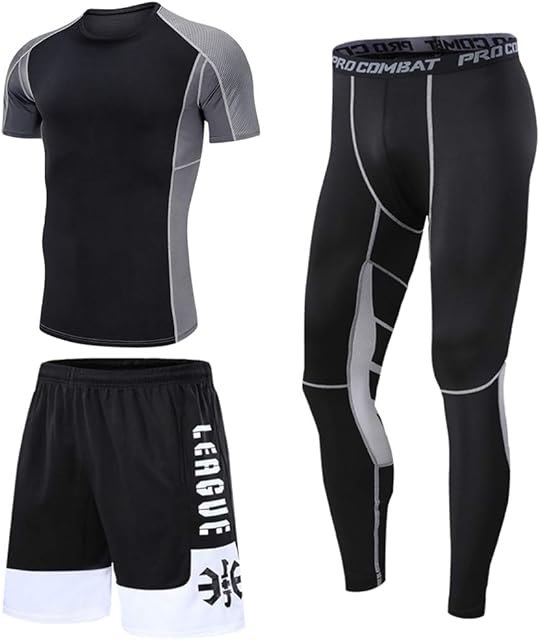 Bsadne Mens Compression Underwear Set, Quick Dry Sports T Shirt, Gym Leggings for Running Cycling, Base Layers Tights with Loose Fitting Shorts