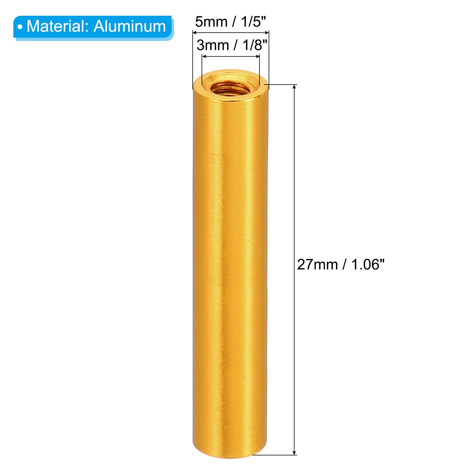 PATIKIL 12pcs M3 Metal Threaded Standoff Spacer Nuts, Round Aluminum Spacers Female Coupling Screws, 1/8" ID x 3/16" OD, Gold 3x5x27mm - Image 2