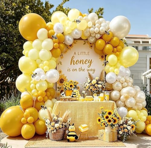 Image of Yellow Balloon Arch Kit Double Stuffed Mustard Pastel Yellow Pearl White Sand Balloon Garland for Bee Baby Shower Bridal Wedding Birthday Lemon Fall Thanksgiving Party Decorations