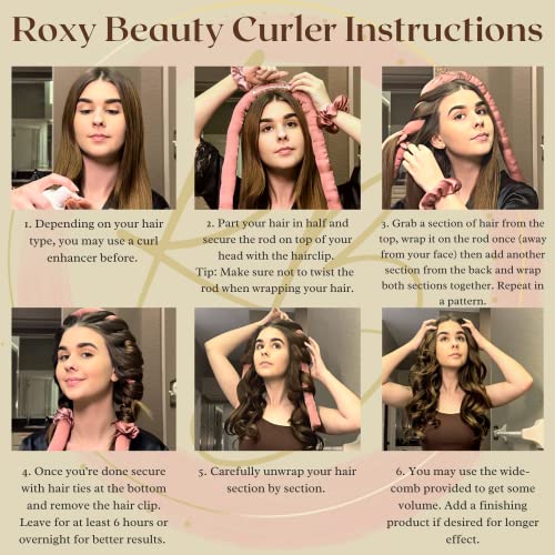 Heatless Hair Curler By Roxy Beauty, Soft Cotton Filled, Satin No Heat Curling Rod Headband, 6 Piece Set, For Long Or Short Hair, Tiktok Heatless Curls, Rose Gold Color, Heatless Curling Rod Headband Set #TOP2