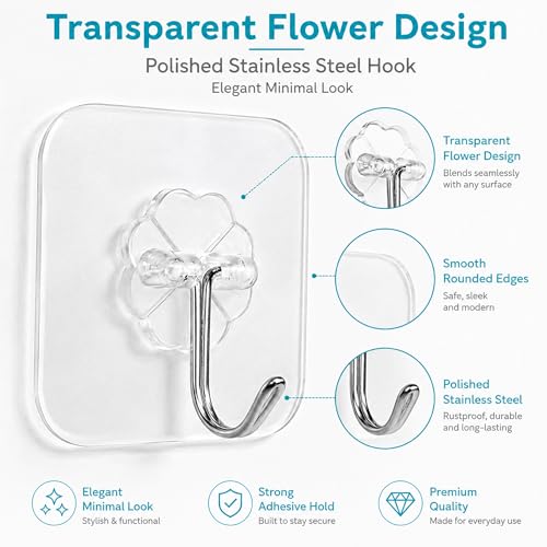 Image of BRAND VILLA Flower Shape Transparent Adhesive Wall Hooks Heavy Duty Waterproof Self Adhesive No Drill Damage Free Sticky Hooks for Bathroom Kitchen Door Towel Key Holder Pack of 10