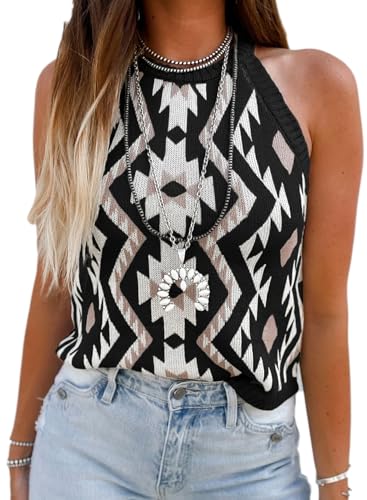 MARZXIN Women Sleeveless Sweater Tank Round Neck Casual Aztec Geometric Knit Sweater Top