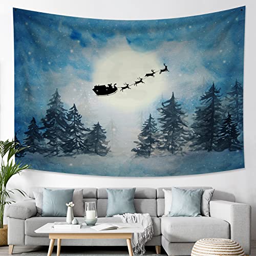 Polymiskls Christmas Wall Tapestry Santa Reindeer Elk Sleigh Full Moon Starry Blue Tapestry 2023 New Year Party Tapestry Wall Hanging For Living Room Bedroom Dorm Decor 78.7X59.1 Inches #TOP3