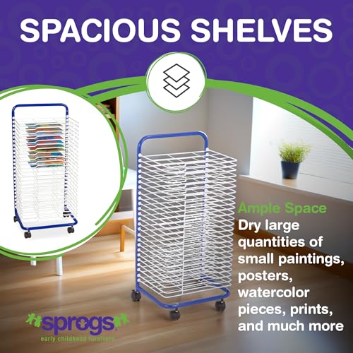 Image of Sprogs 25-Shelf Mobile Art Drying Rack for Classrooms and Art Studios, Heavy-Duty Steel Rolling Art Rack Cart with 25 Shelves, Blue /White