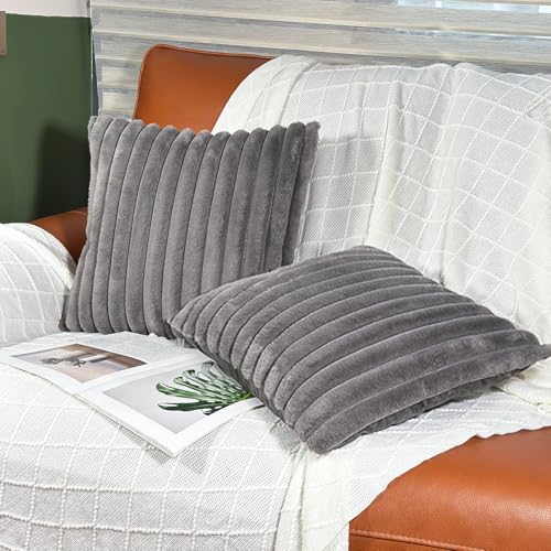 20x20 Throw Pillow Covers Set of 2, Decorative Faux Fur Covers for Bed, Couch Soft Fluffy Pillow Cover with Velvet Back for Living Room, Neutral Home Décor Accent for Sofa - Dark Gray
