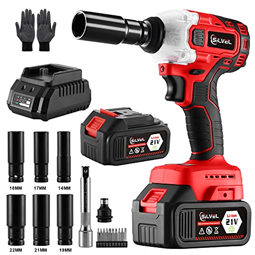 SILVEL Impact Wrench, 21V 1/2 Inch Brushless Motor Cordless Impact Wrench, Torque 300 Ft-lbs, with Fast Charger, 4.0Ah Lithium Battery, 6 Sockets, 1 Extension Bars, Power Impact Wrenches for Car