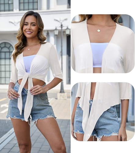 Womens 3/4 Sleeve Shrug Sheer Mesh Cardigans Tie Front Cropped Lightweight Bolero Shawl Top for Casual Going Out3