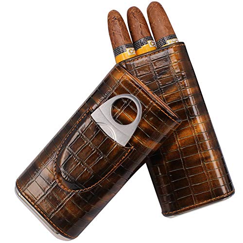 TOIKA Sturdy Travel Cigar Case,3- Finger Elegant Leather Small Cigar Humidor with Cedar Wood Lined and Cutter