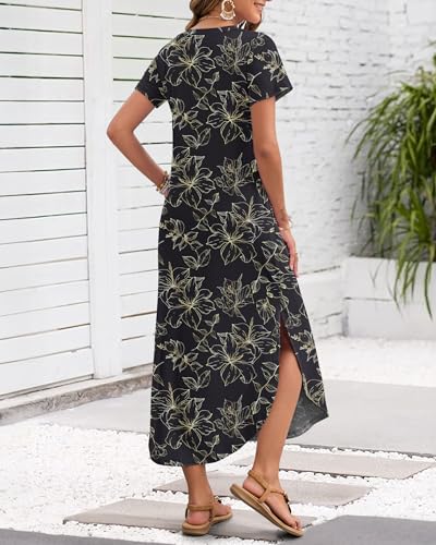Image of MISFAY Women's Summer Maxi Dress 2026 Casual Short Sleeves V Neck Loose Sundress Split Long Beach T Shirt Dress