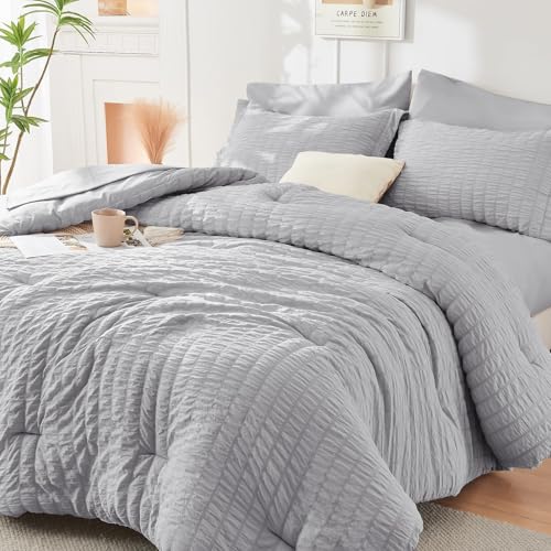 Image of HYMOKEGE Light Grey King Size Comforter Set Seersucker 7 Pieces, All Season Luxury Bed in a Bag for Bedroom, Bedding Set with Comforters, Sheets, Pillowcases & Shams
