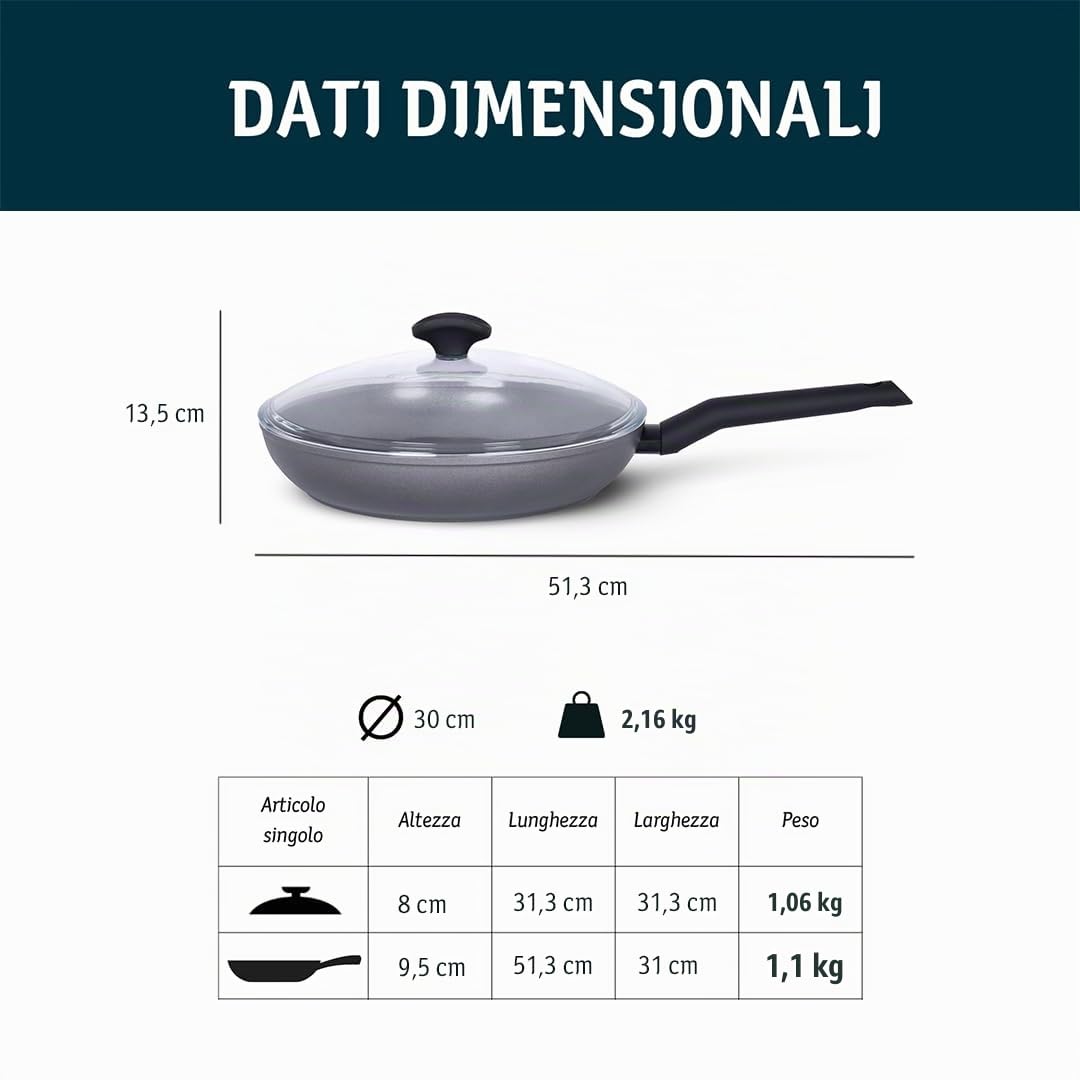 TVS ORIGINE INDUCTION Padella Antiaderente 30 cm, Rivestimento EXP formulato SENZA PFAS, Made in Italy, per tutti i piani cottura, con Coperchio in vetro e pomolo portamestolo