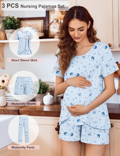 Image of Ekouaer 3 PCS Maternity Nursing Pajamas Set Postpartum Breastfeeding PJS | 3-Piece Set, Including Short Sleeve Shirts, Pregnancy Shorts & Pants, Buttery Soft, Skin-Friendly Feel