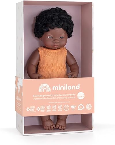 Miniatura 5 de Miniland Colorido Edición Muñeca 15'' Chica Africana con Peleles Melón (Caja)  Hecho en España, Anotomically Correct, Calidad, Inclusión