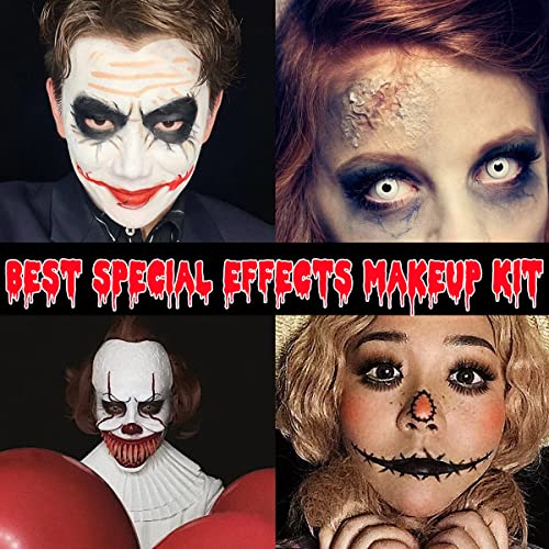Bowitzki Sfx Makeup Kit Halloween Makeup Water Based Cream Face Body Paint Clear Liquid Latex Fake Stage Blood Brush Sponges Painting Special Effects Zombie Vampire Monster Scar Wound Christmas Party Red Black White(Halloween Kit) #TOP3
