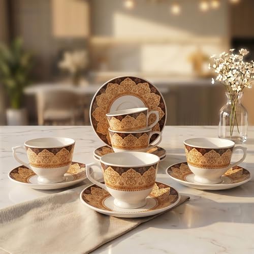 Image of U.P.C. Tea Cup & Saucer Set of 6 | 180ml | Royal Amber Damask Medallion Print | Ivory, Brown & Antique Gold | Microwave & Dishwasher Safe | Premium Festive Wedding Gift Crockery Set