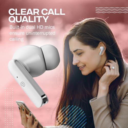 Image of pTron Bassbuds Duo in Ear Earbuds with 32Hrs Total Playtime, Bluetooth 5.1 Wireless Headphones, Stereo Audio, Touch Control TWS, with Mic, Type-C Fast Charging, IPX4 & Voice Assistance (White)