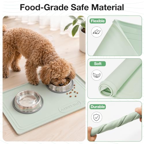 Image of 22x19 Pet Feeding Mat Waterproof Nonslip Cats and Dogs Water Bowl Mat | Silicone 0.59 inch Raised Edges Contain Food & Water Spills, Easy To Clean, Bpa-Free, Reinforced To Resist Collapse,Light Green