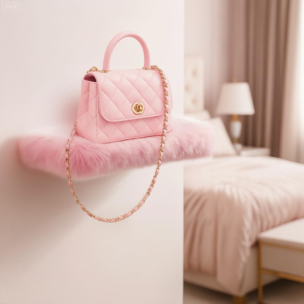 2 Pack Pink Floating Shelves for Wall, Wood Shelf with Fluffy Soft Pink Shag Cover,Wall Mounted Shelves for Bedroom, Living Room, Suitable for Storing Valuable Collectibles,Purses,Handbags,High Heels