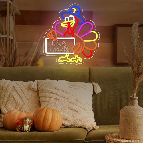 Image of Thanksgiving Neon Sign Thanksgiving Turkey Neon Sign Dimmable Turkey Neon Light for Wall Decor Give Thanks Sign for Home Bar Front Door Thanksgiving Decorations