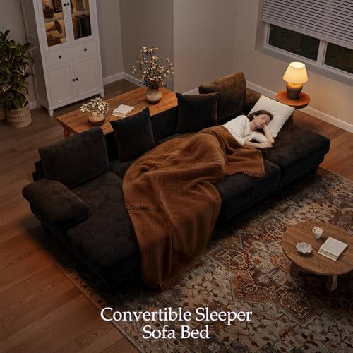 Image of Txtin's Sleeper Sofa with Pull Out Couch Bed | 112 Inch Couches for Living Room | U-Shaped Convertible Sofa Bed | Chenille Black