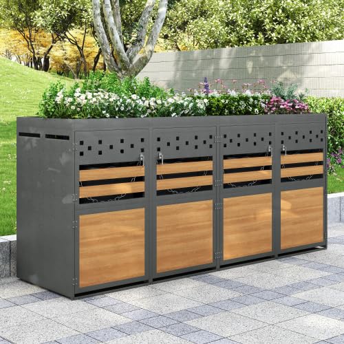 Merax Mülltonnenbox 4er Set mit Pflanzdach, für 120-240 Liter, Anthrazit Tür in Holzoptik, Erweiterbar, Garten Aufbewahrungsbox für Mülltonnen