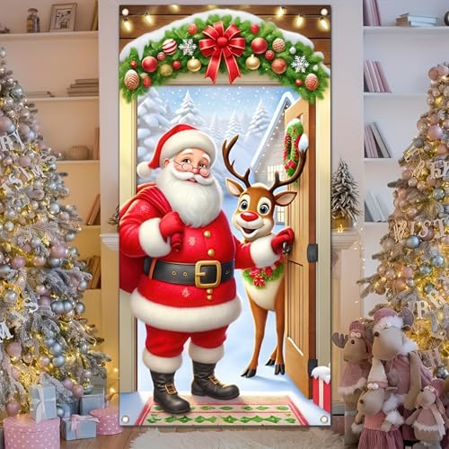 Image of BlissYard Christmas Door Cover 71x35 Inch Santa Claus and Reindeer Door Banner Holiday Decoration Winter Wonderland Entryway Backdrop Indoor Outdoor Christmas Party Home Porch Wall Decor