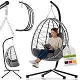 Juskys Fauteuil Suspendu Aria avec Coussin - réglable en Hauteur et Pliable - Balancelle en rotin synthétique pour l'extérieur et l'intérieur - Siège en Osier Gris foncé jusqu'à 130 kg