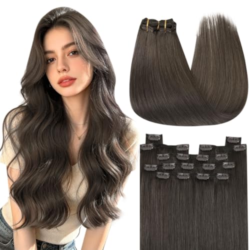 Image of YoungSee Hair Extensions Clip in Mocha Brown, Short Human Hair Clip-in Hair Extensions, 12 Inch 85G 7Pcs Natural Human Hair Clip in Extensions, Can Be Heat-styled Straight Hair