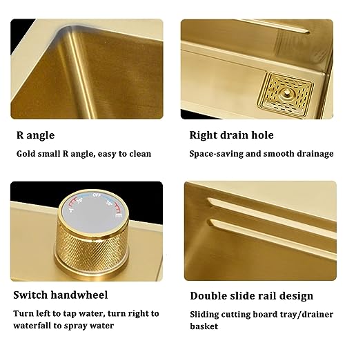 kitchen sink Golden Sink Stainless Steel Sink Golden kitchen sink Waterfall Faucet Large Single Sink Including (Size : 80x45x20CM)