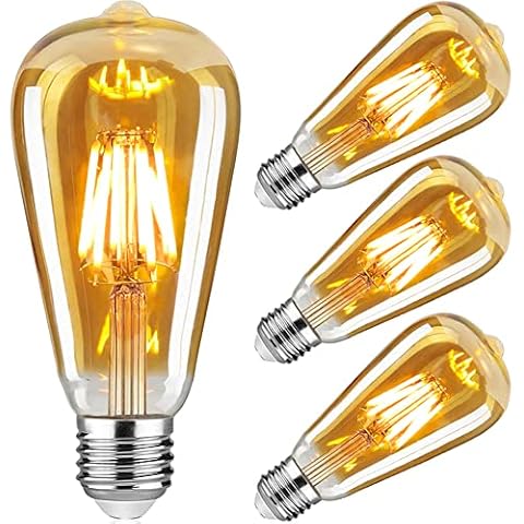 LED Vintage Bulbs E27, Woowtt 6W LED Edison Light Bulbs, Dimmable Screw Led Filament Bulbs, Amber Glass Lamp, 2700K, ST64 - 4 Pack Cover