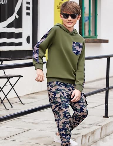 Image of mksodopy Boys Clothes Long Sleeve Hoodie and camouflage cargo pants Boy Outfits for 6-16 Years