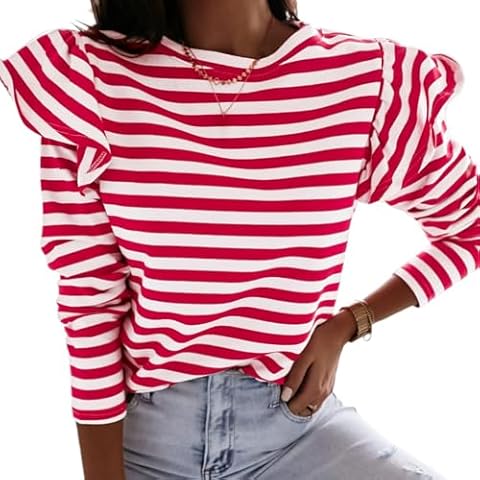 LilyCoco Womens Striped Ruffle Long Sleeve Shirt Crewneck T Shirt Loose Fit Tee Red and White X-Small Cover