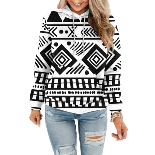 FOCLMP Women Western Ethic Hoodie Aztec Style Print Graphic Sweatshirts Pullover Hooded Pullover Tops Shirts Vintage Clothing Travel Outfits Black M
