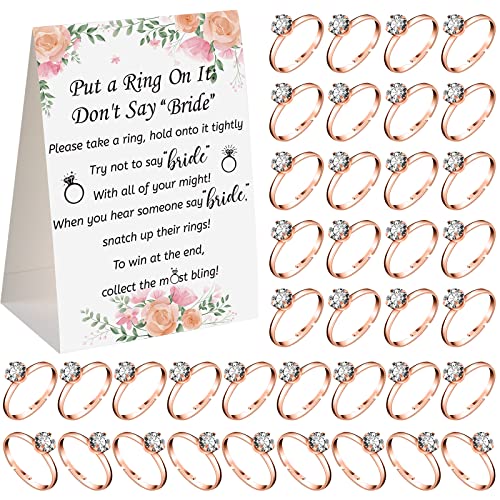 Woanger Put a Ring on It Bridal Shower Game with 50 Fake Rings Rustic Greenery Theme Wedding Shower Games Wedding and Engagement Rings and Not Say Bride Rules Cards(Flowers Rose Gold)