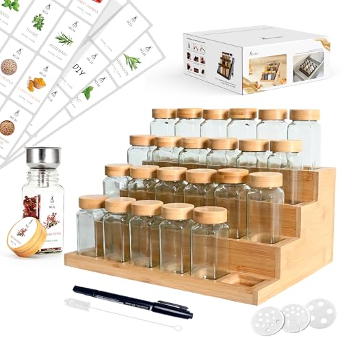 SAEIV Gewürz Organizer 24x120ml 2in1 Bambusregal FCM gewürzdosen gewürzgläser eckig gewürzgläser glas gewürzbehälter gewürze set spice jars gewürzgläser leer gewürzstreuer glas mit Edelstahltrichter