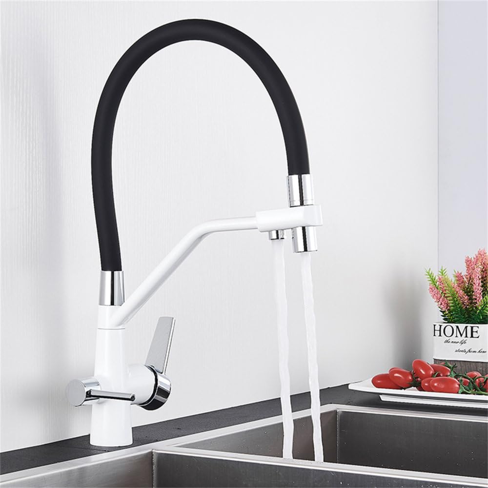 MXXQRHF Kitchen Faucet Pure Water Sink Faucet Double Outlet 360 ° Rotate Faucet with Filtered Water Hot Cold Water Drinking Water Mixer,White Chrome