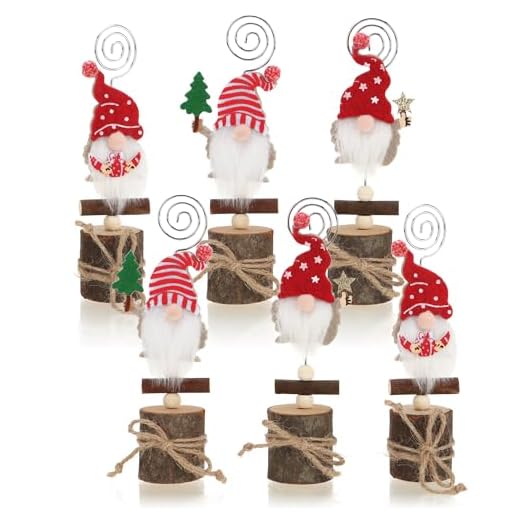 com-four® 6X Porta Tarjetas de Gnomo - Mesa navideña y Porta Tarjetas de felicitación de Madera - Clips para Tarjetas de menú, Etiquetas de Nombre y Fotos - Decoración (6 Piezas - Duendes - Navidad)