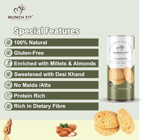 Image of Munch Fit Jowar Sesame Oats Tahini Cookies | Egg Less Cookies Made with Desi Khand 125gm Pack of 4 | Healthy Multigrain Cookies | High Protein, Fiber Gluten Free | Natural Snack for Tea, Coffee & Kids