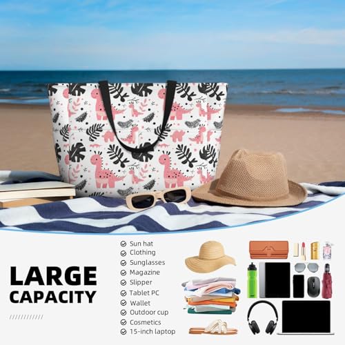 Large Beach Bags for Women Sandproof - Dinosaur Palm Leaves Print Summer Work Travel Tote Bags with Zipper4